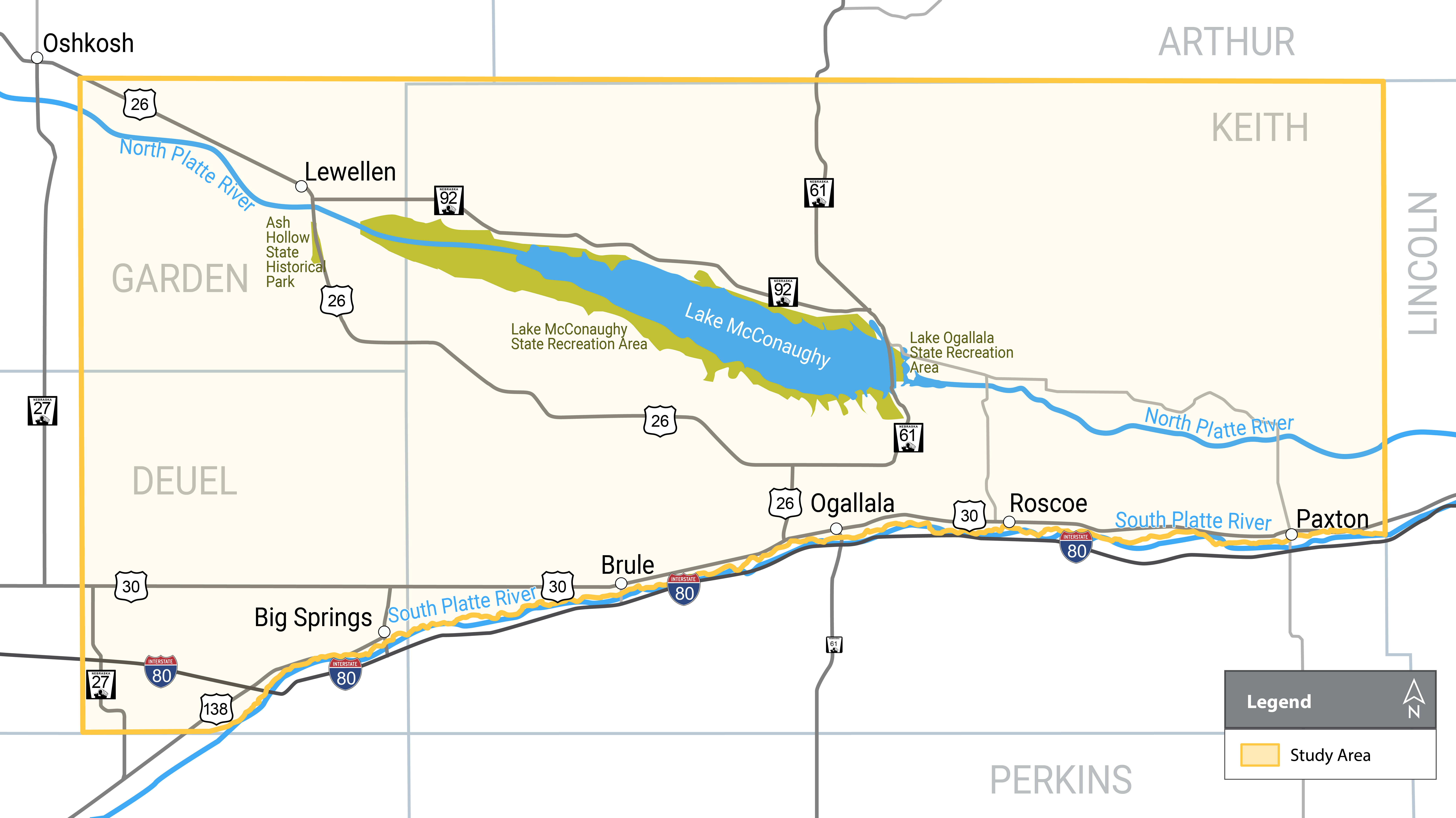 A map of the study scope, which is primarily in Keith County, Nebraska, but also includes portions of Garden and Deuel Counties. The North and South Platte Rivers are highlighted on the map, as well as Lake McConaughy, Lake Ogallala, Ash Hollow Historical State Park, and the towns of Lewellen, Big Springs, Brule, Ogallala, Roscoe and Paxton. 