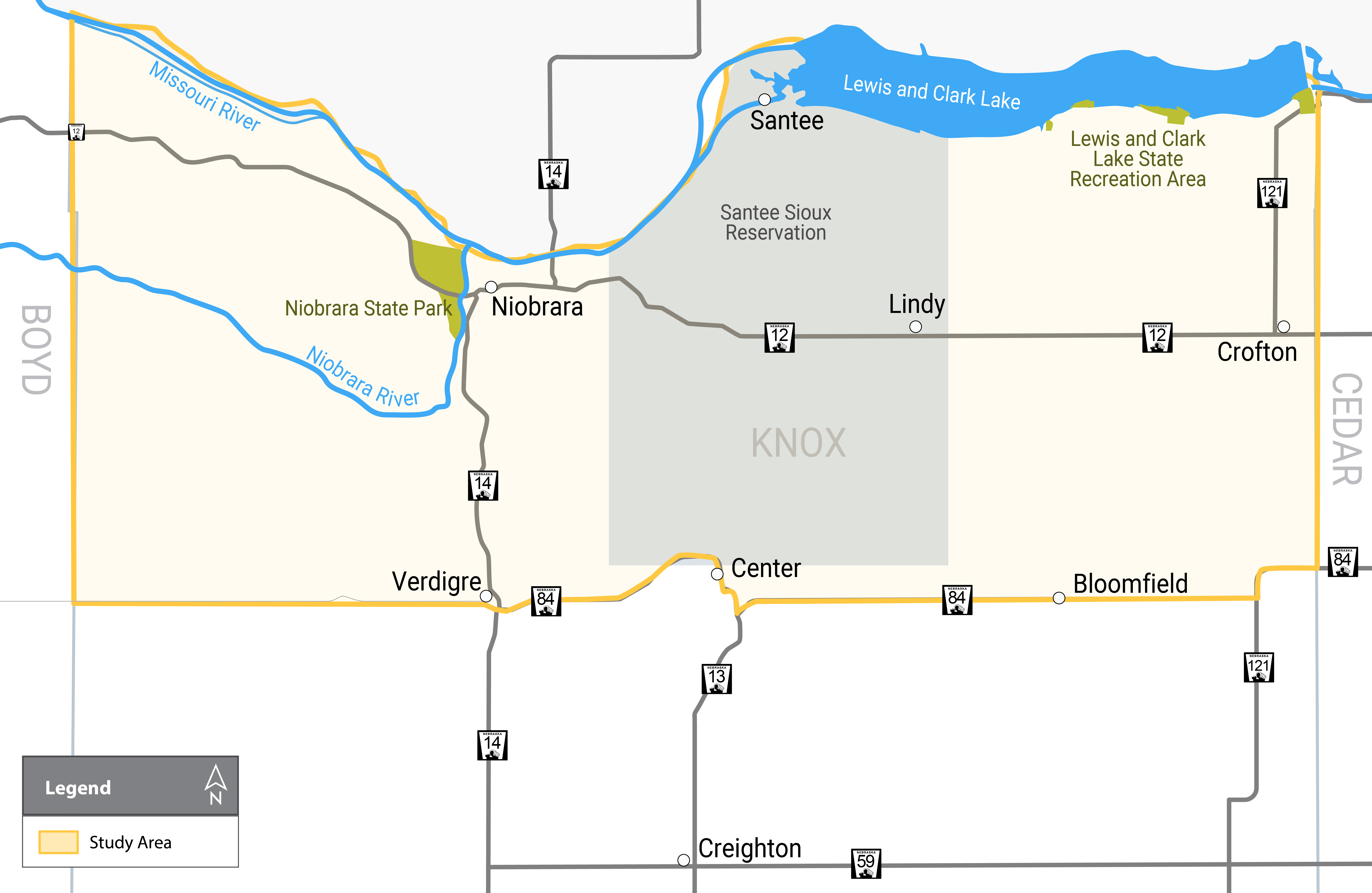 A map of the study scope, which is in Knox County, highlights the Niobrara and Missouri Rivers, Lewis and Clark Lake, and the cities of Niobrara, Verdigre, Center, Lindy, Bloomfield and Crofton. The map also highlights Niobrara State Park and Lewis and Clark Lake State Recreation Area. 